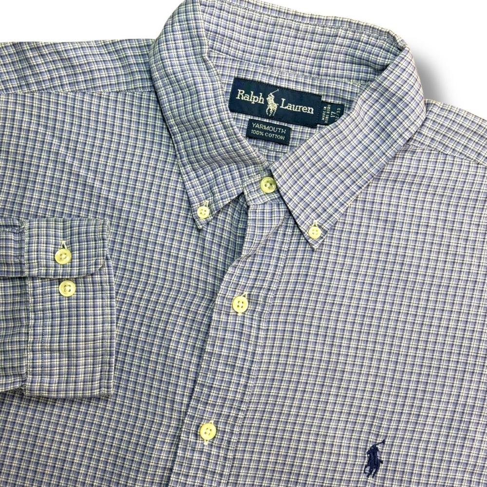 Vintage Ralph Lauren Button Down Shirt Men 17 XXL Blue Plaid Yarmouth Pony Logo